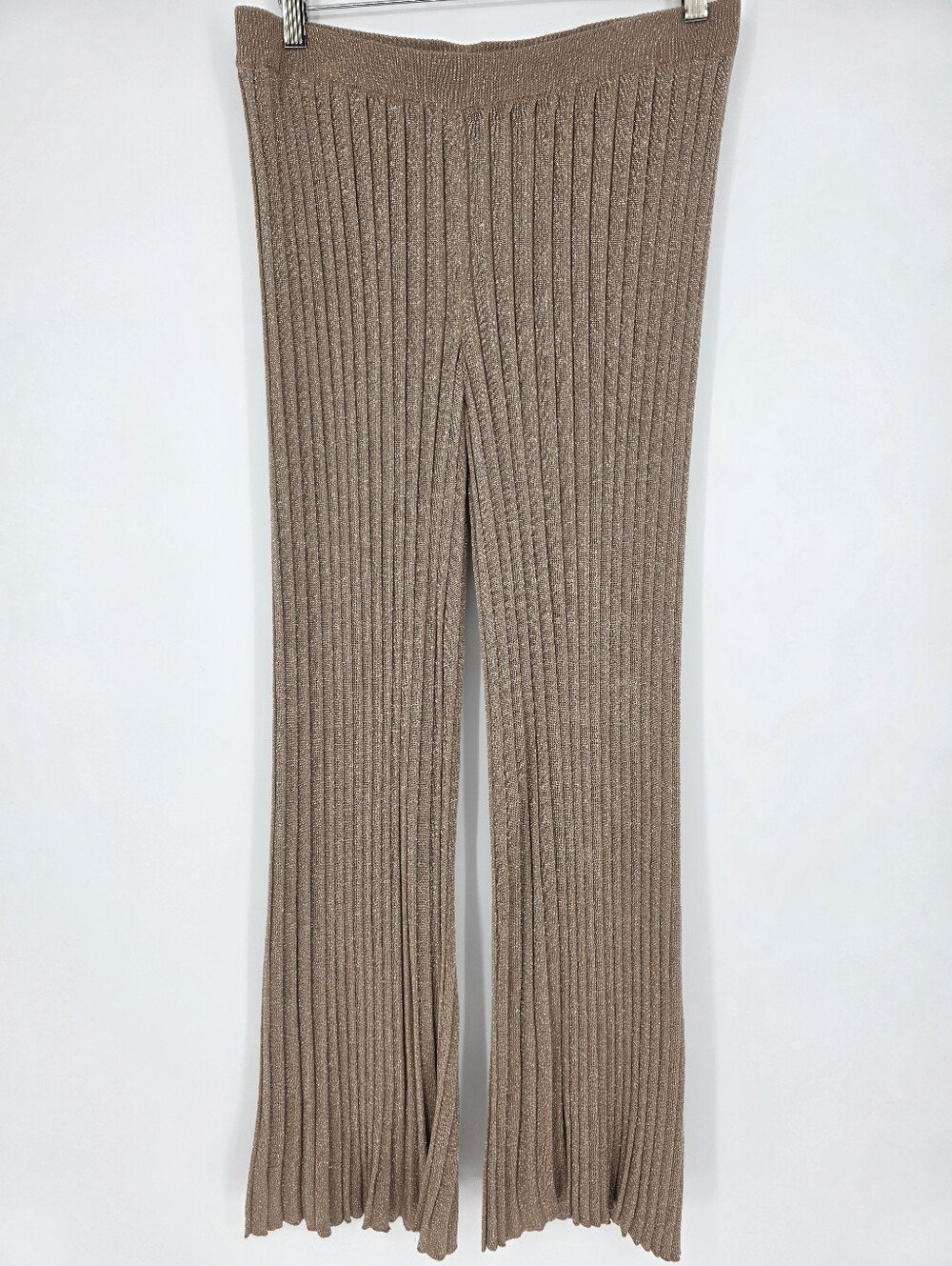 Tahari Metallic Rib Knit Flare Pants Rose Gold Pull On‎ Medium